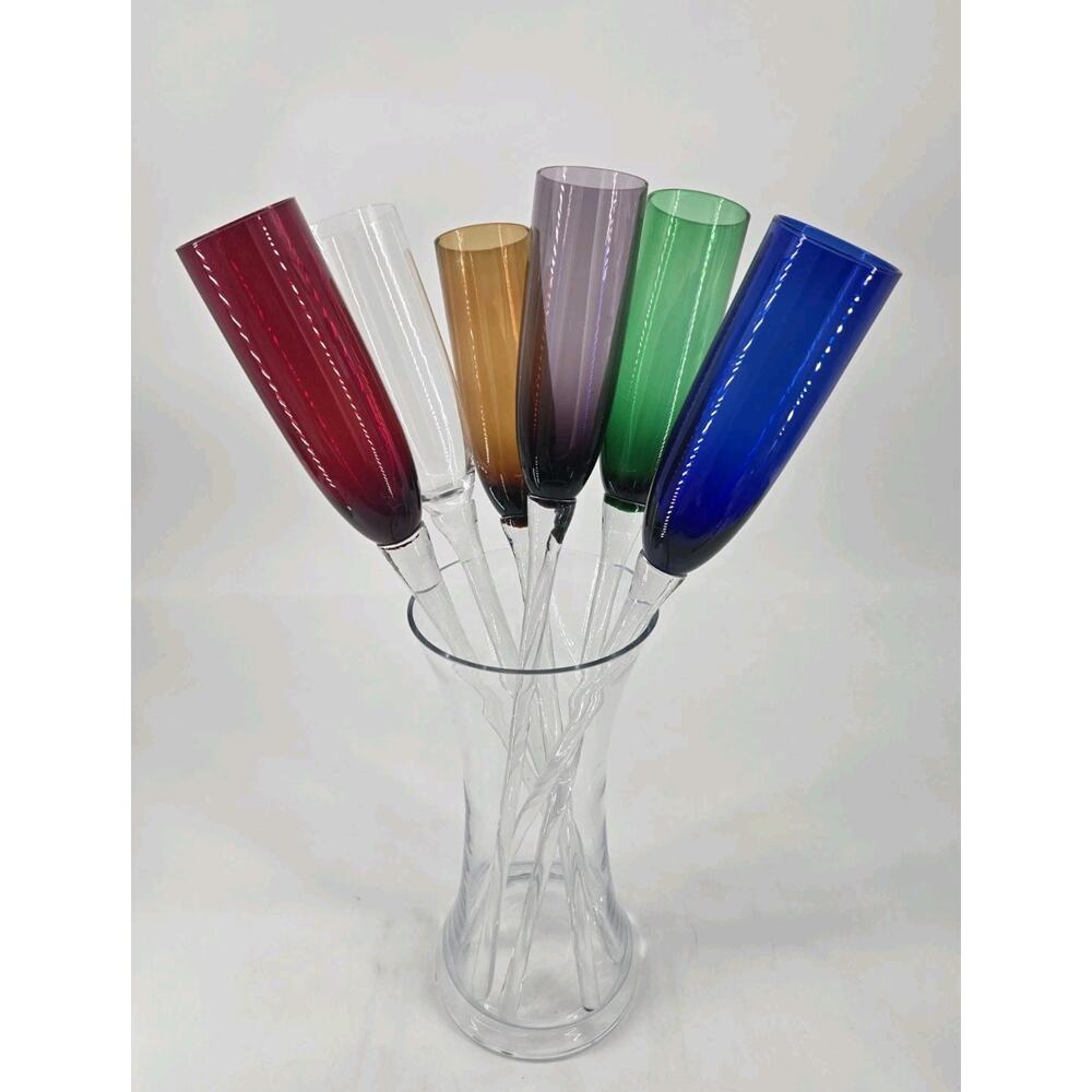 Vtg 6 Hand Blown 17" Multicolor Champagne Long Stem Bouquet Glasses Plus Holder - Picture 2 of 10